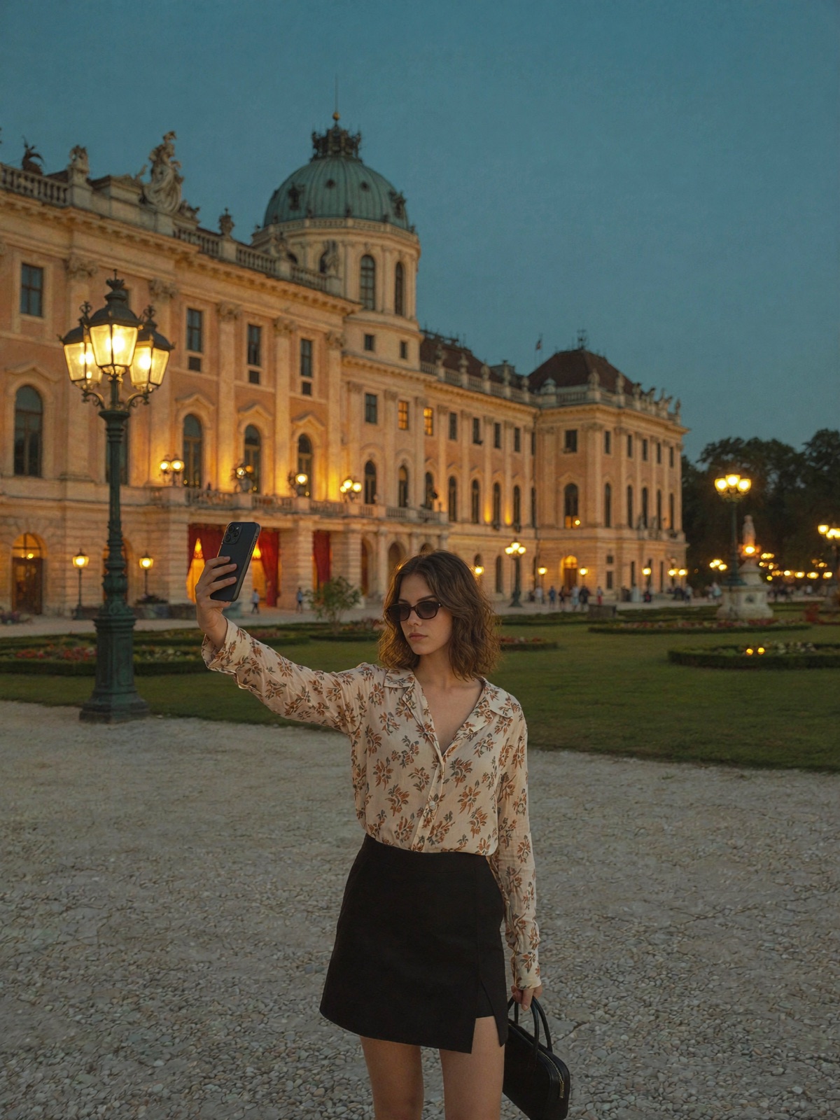 Sophia Auenfeld® outside a palace at dusk